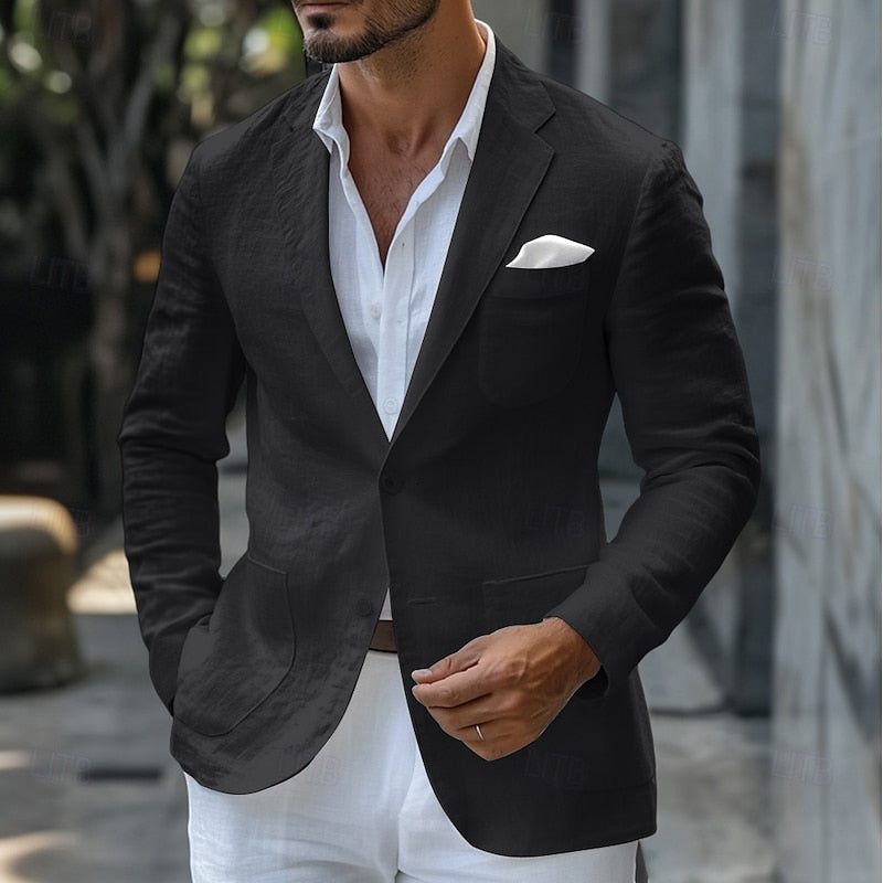 Men’s Tailored Linen Summer Blazer with Notched Lapels and Single-Button Closure