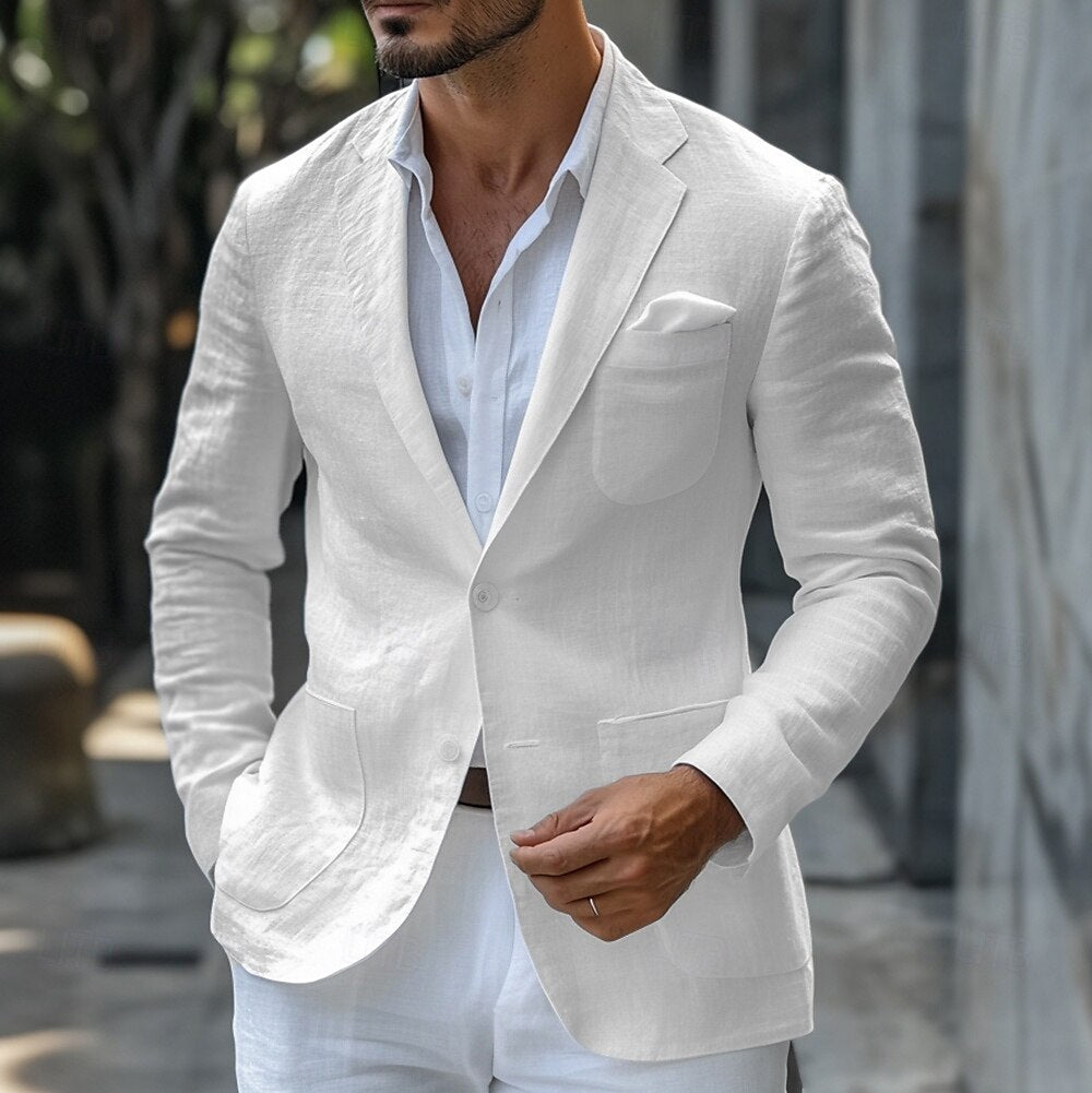Men’s Tailored Linen Summer Blazer with Notched Lapels and Single-Button Closure