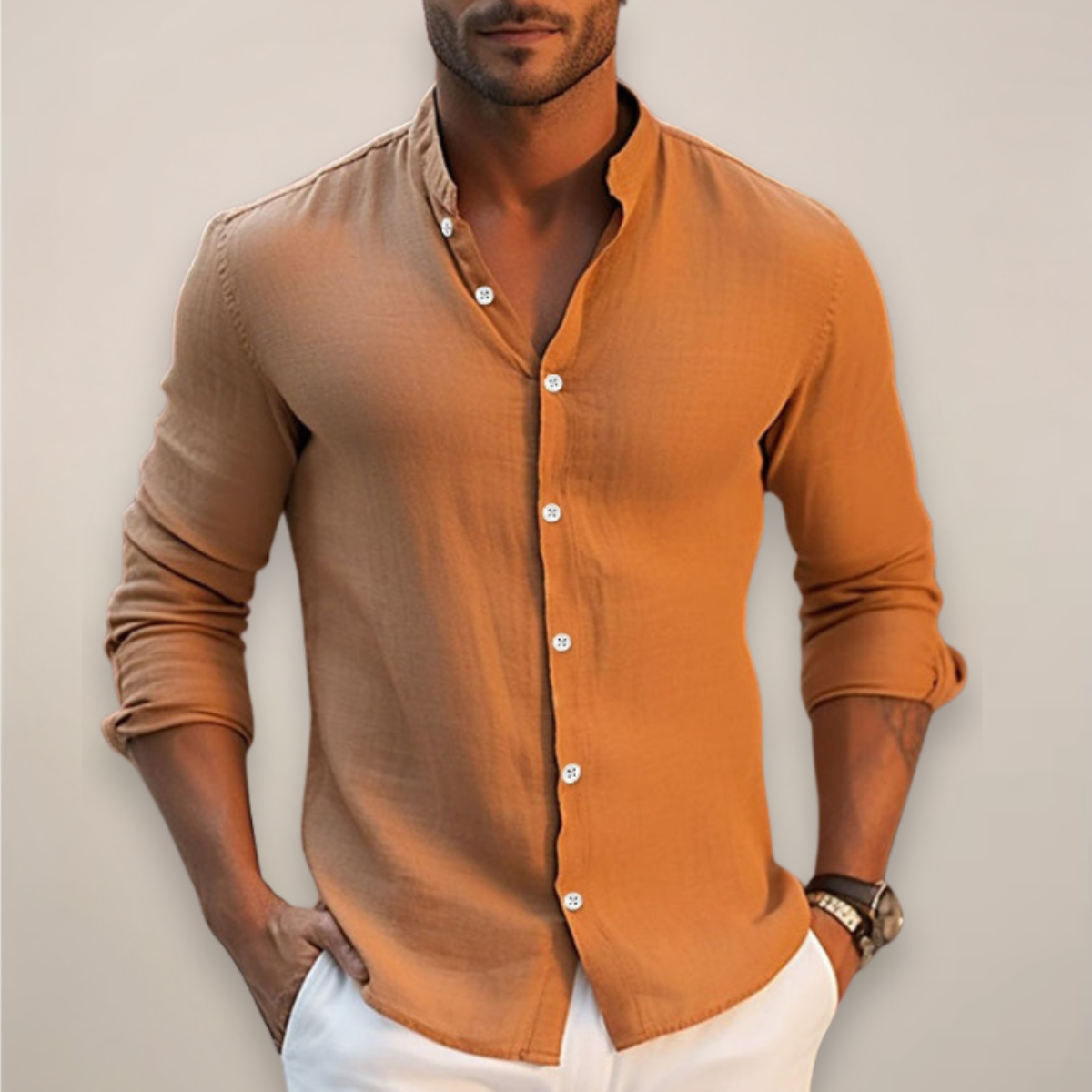 Men’s Lightweight Linen Button-Front Shirt with Open Neck and Long Sleeves