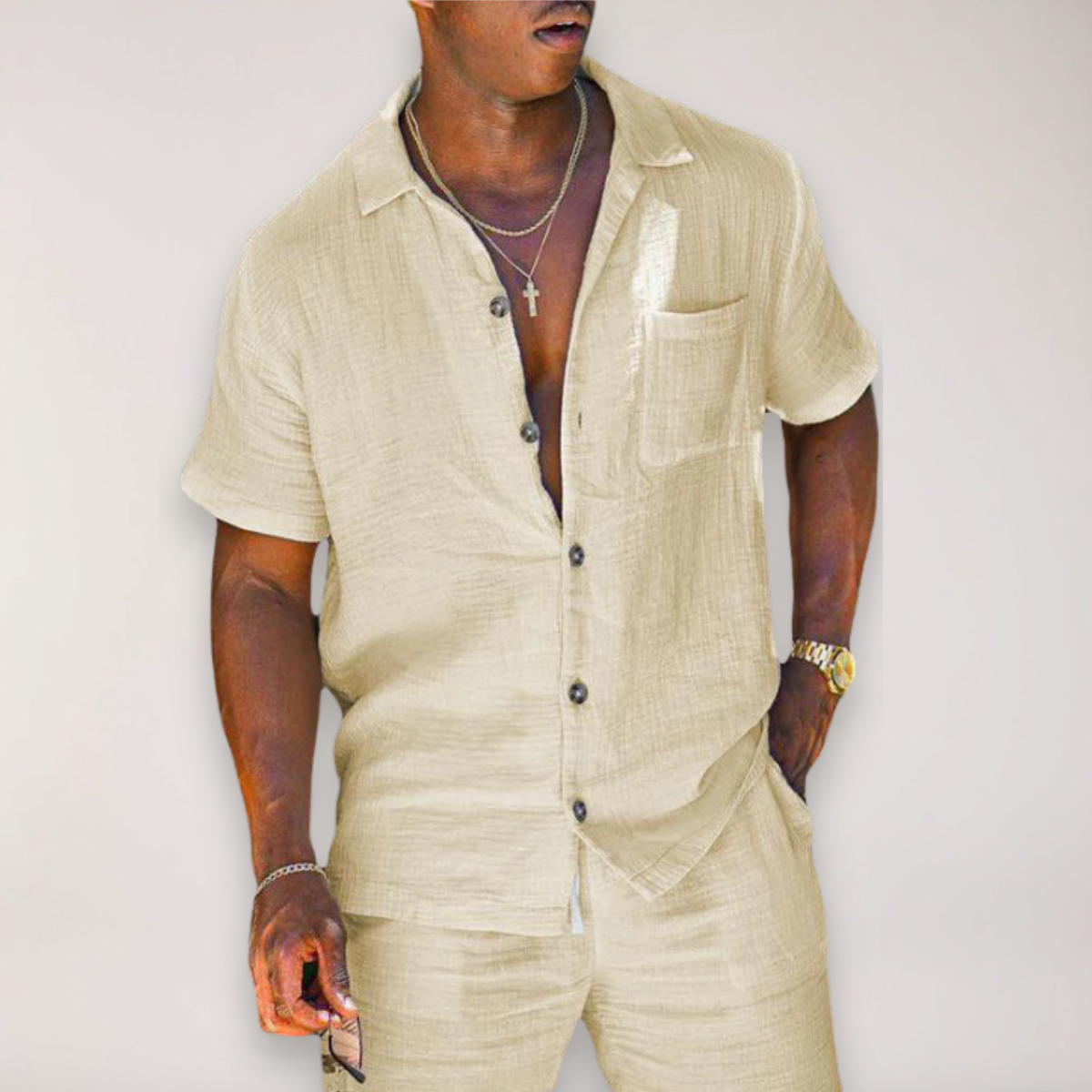 Men’s Linen Two-Piece Short Sleeve Shirt and Shorts Set with Button Front