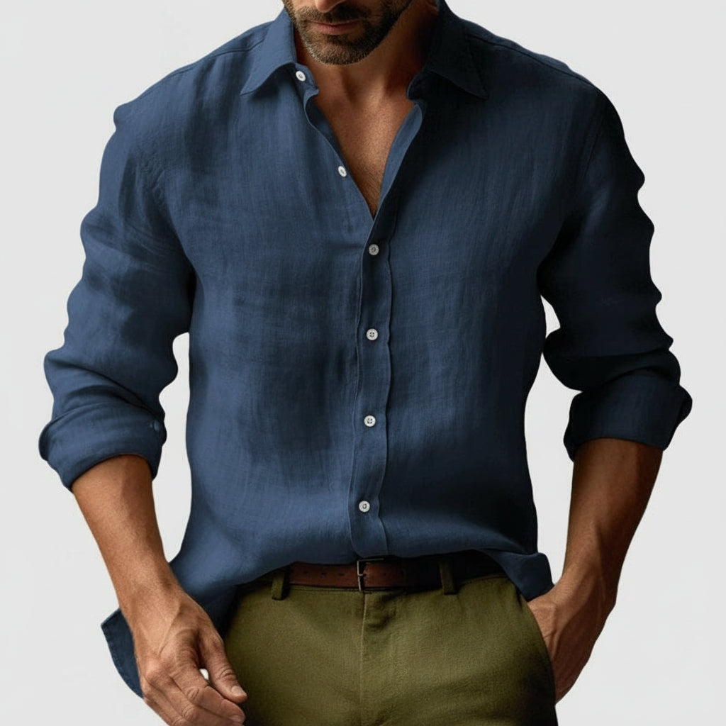 Men’s Linen Long Sleeve Button-Up Shirt with Open Collar and Relaxed Structure