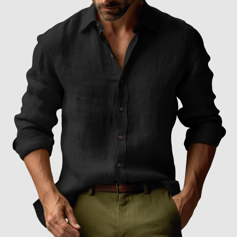 Men’s Linen Long Sleeve Button-Up Shirt with Open Collar and Relaxed Structure