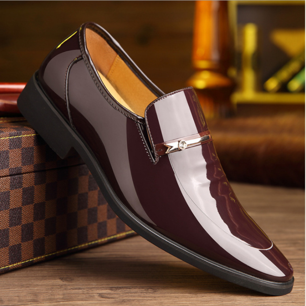 Men’s Slip-On Dress Shoes with Gloss Finish and Metal Strap Detail