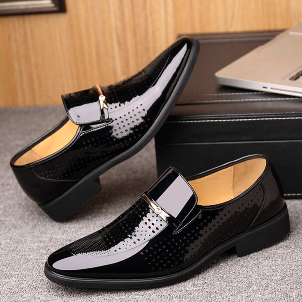 Men’s Slip-On Dress Shoes with Gloss Finish and Metal Strap Detail