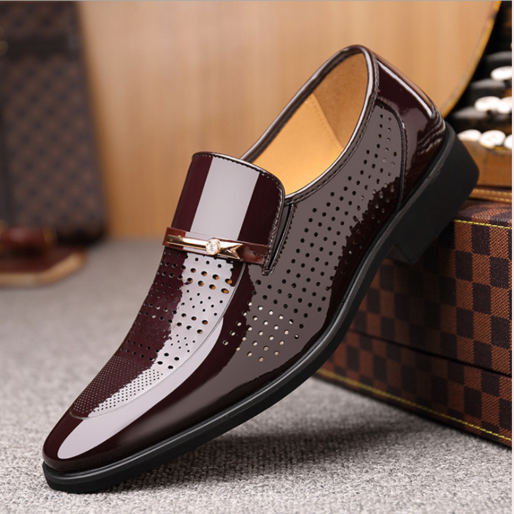 Men’s Slip-On Dress Shoes with Gloss Finish and Metal Strap Detail