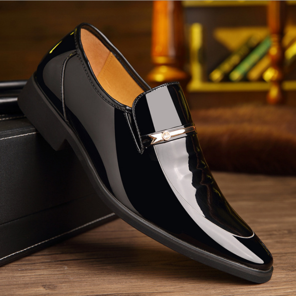 Men’s Slip-On Dress Shoes with Gloss Finish and Metal Strap Detail