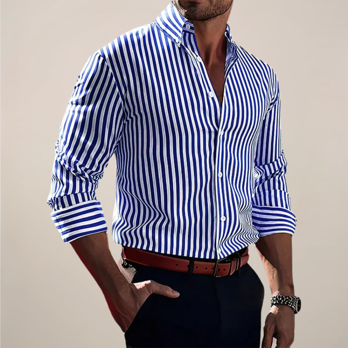 Men’s Vertical Stripe Long Sleeve Shirt with Button Front and Classic Collar