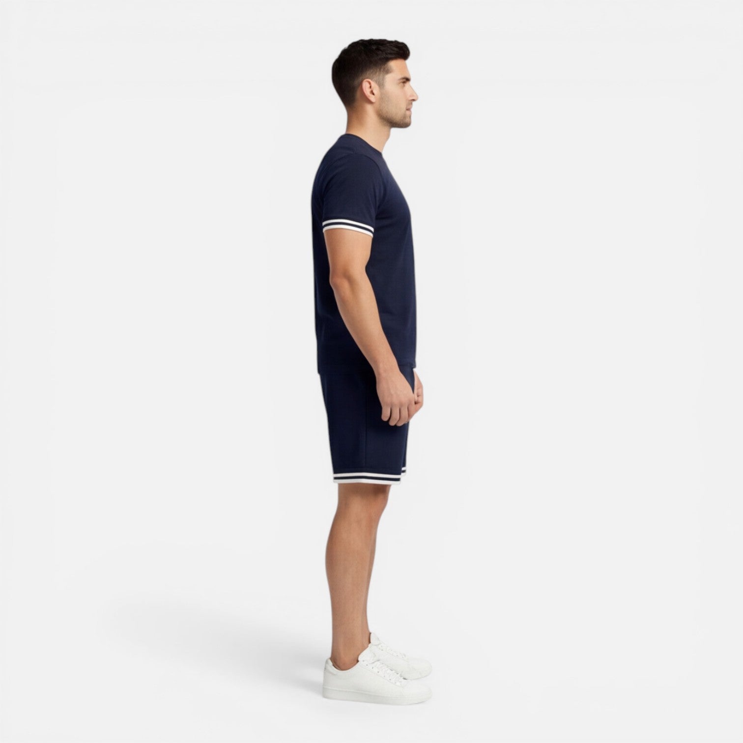 Men's Stripe Trim T-Shirt - Drawstring Shorts Two Piece Set