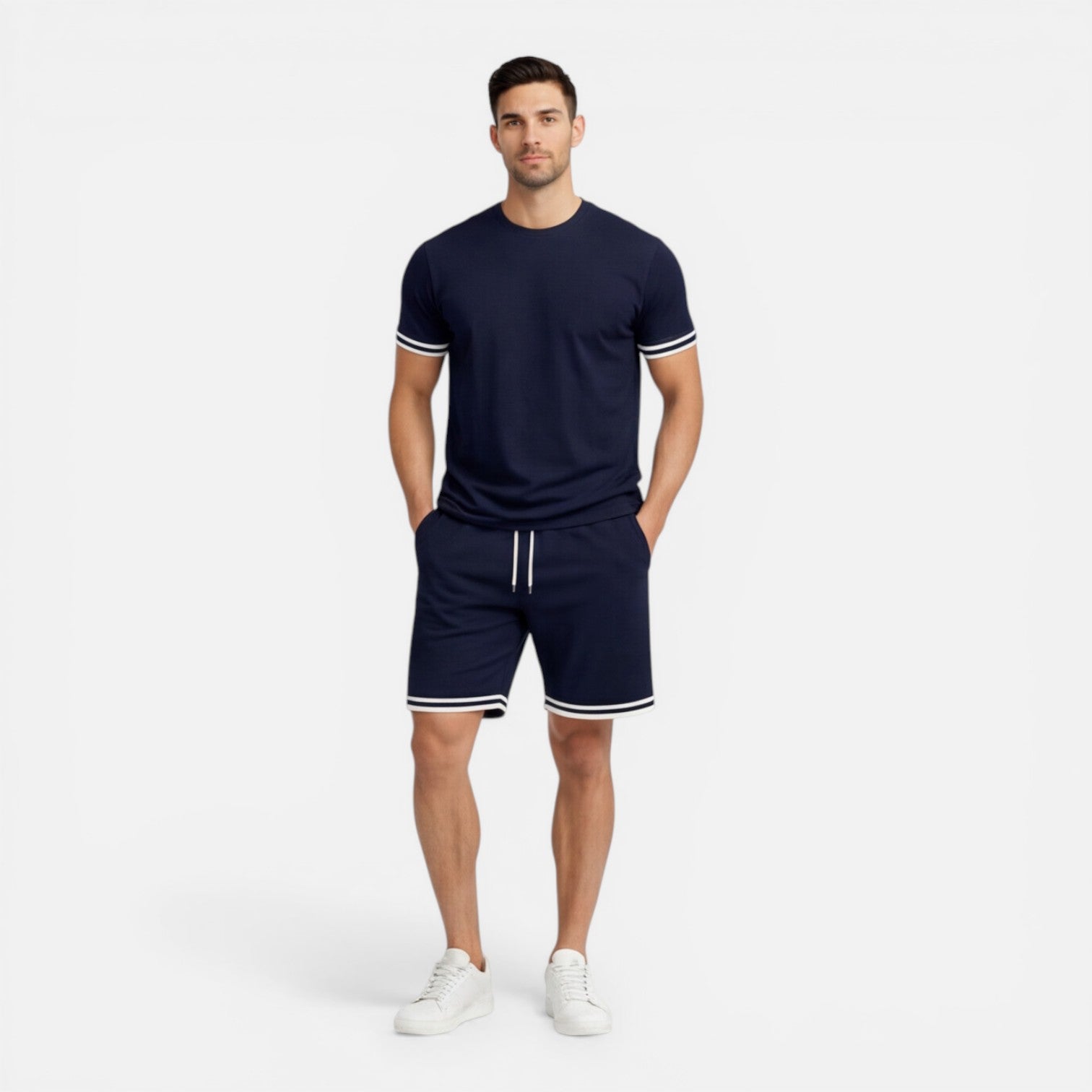 Men's Stripe Trim T-Shirt - Drawstring Shorts Two Piece Set