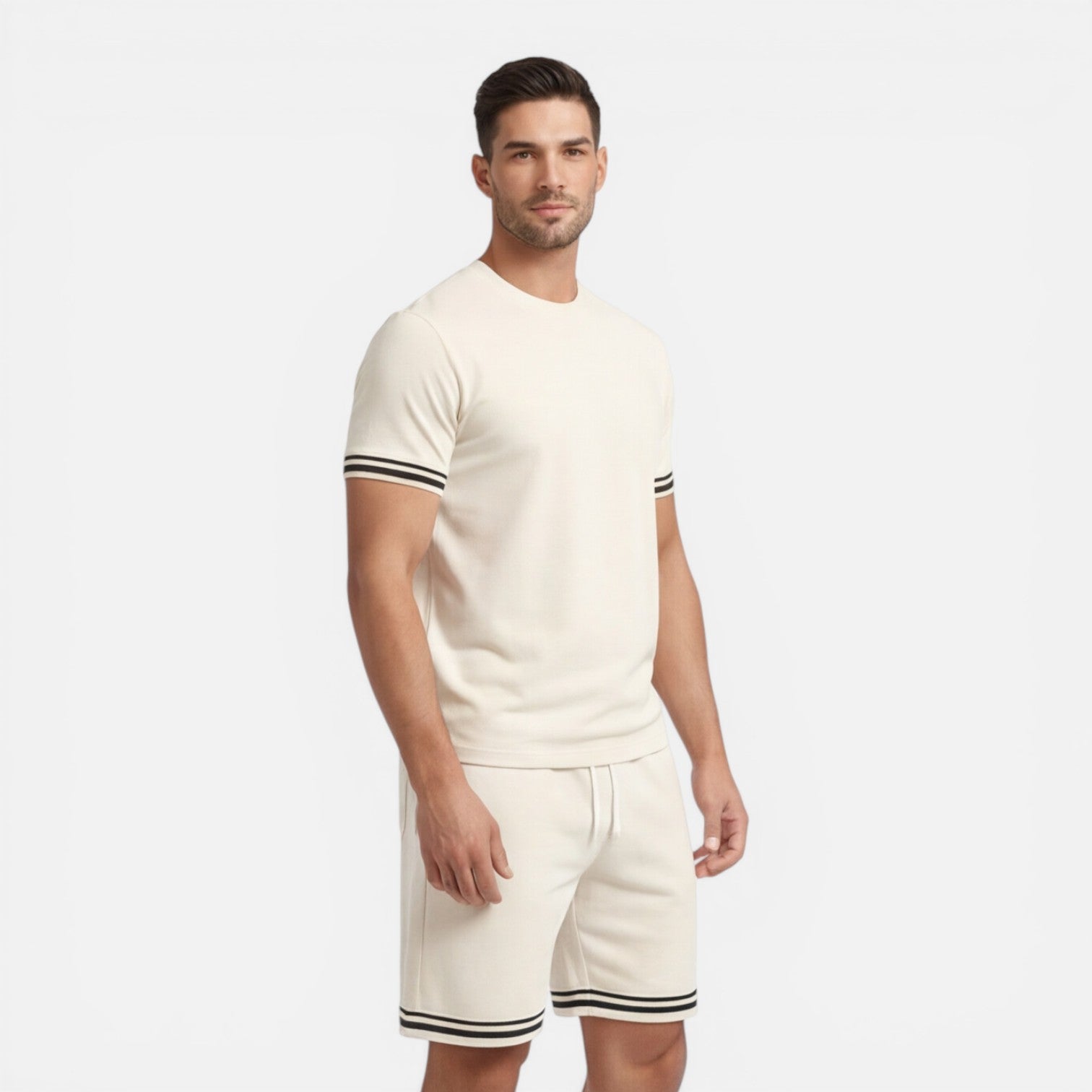 Men's Stripe Trim T-Shirt - Drawstring Shorts Two Piece Set