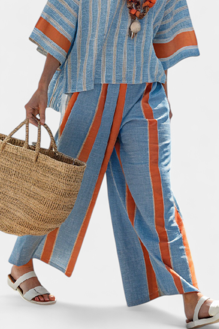Women's Striped Two Piece Set - Short Sleeve Top Wide Leg Pants