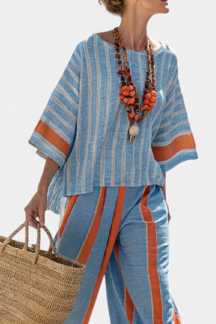 Women's Striped Two Piece Set - Short Sleeve Top Wide Leg Pants