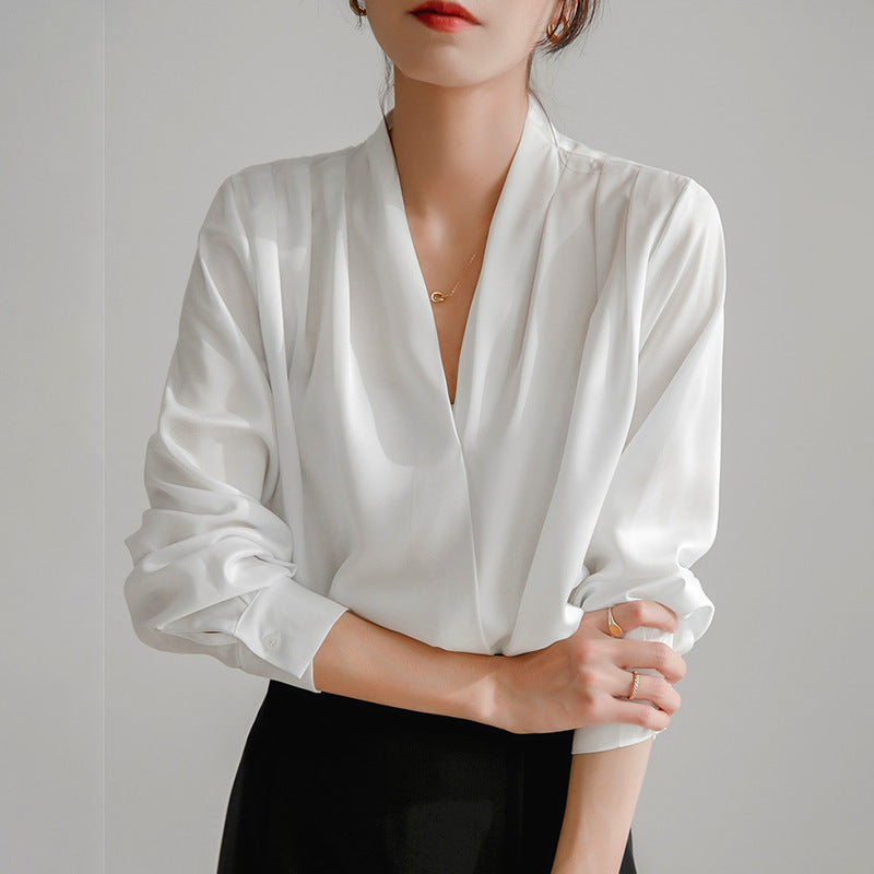 Women’s Long Sleeve V-Neck Blouse with Satin Finish