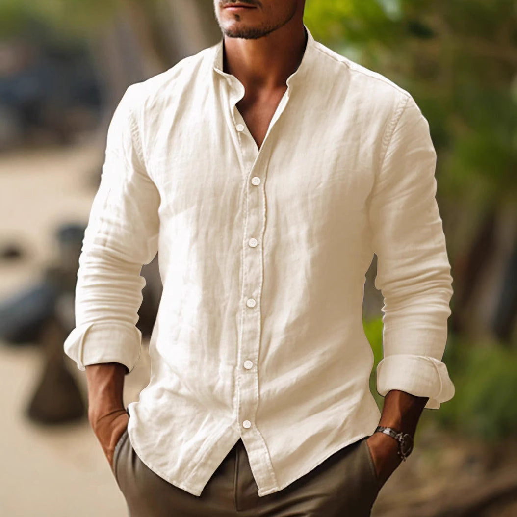 Men's Linen Band Collar Button-Front Long Sleeve Shirt