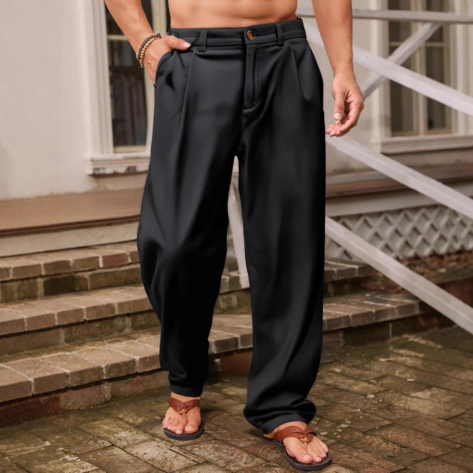 Men's Linen Wide Leg Pleated Elastic Waist Pants