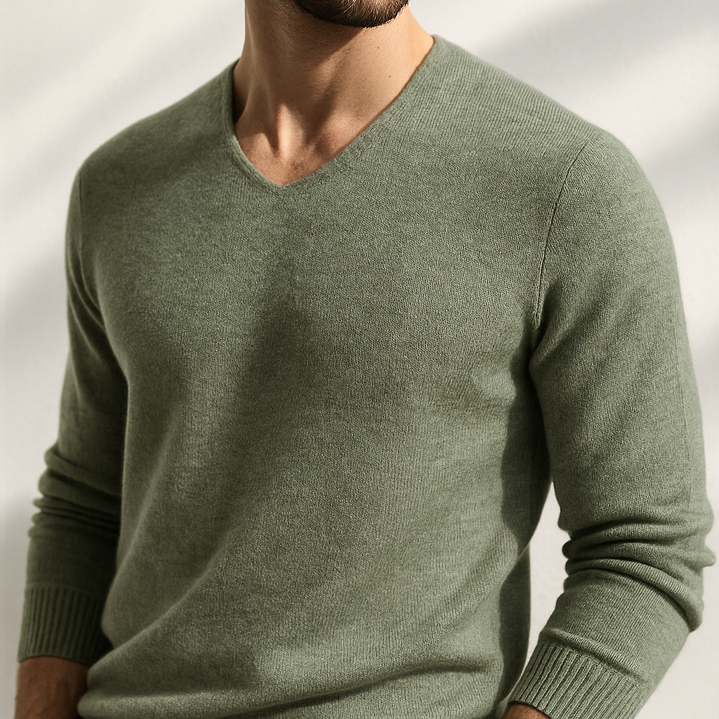 Men's V-Neck Cashmere Long Sleeve Pullover Sweater