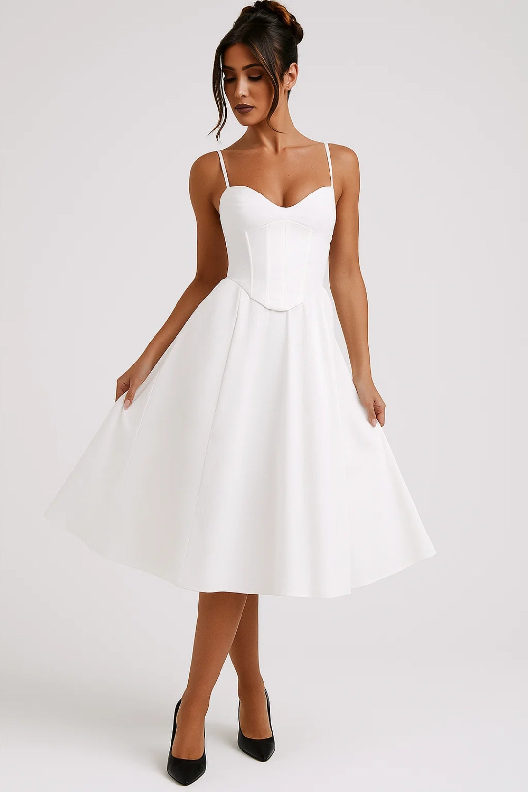 Women's Bustier Midi Dress - Sweetheart Neckline - Lace-Up Back