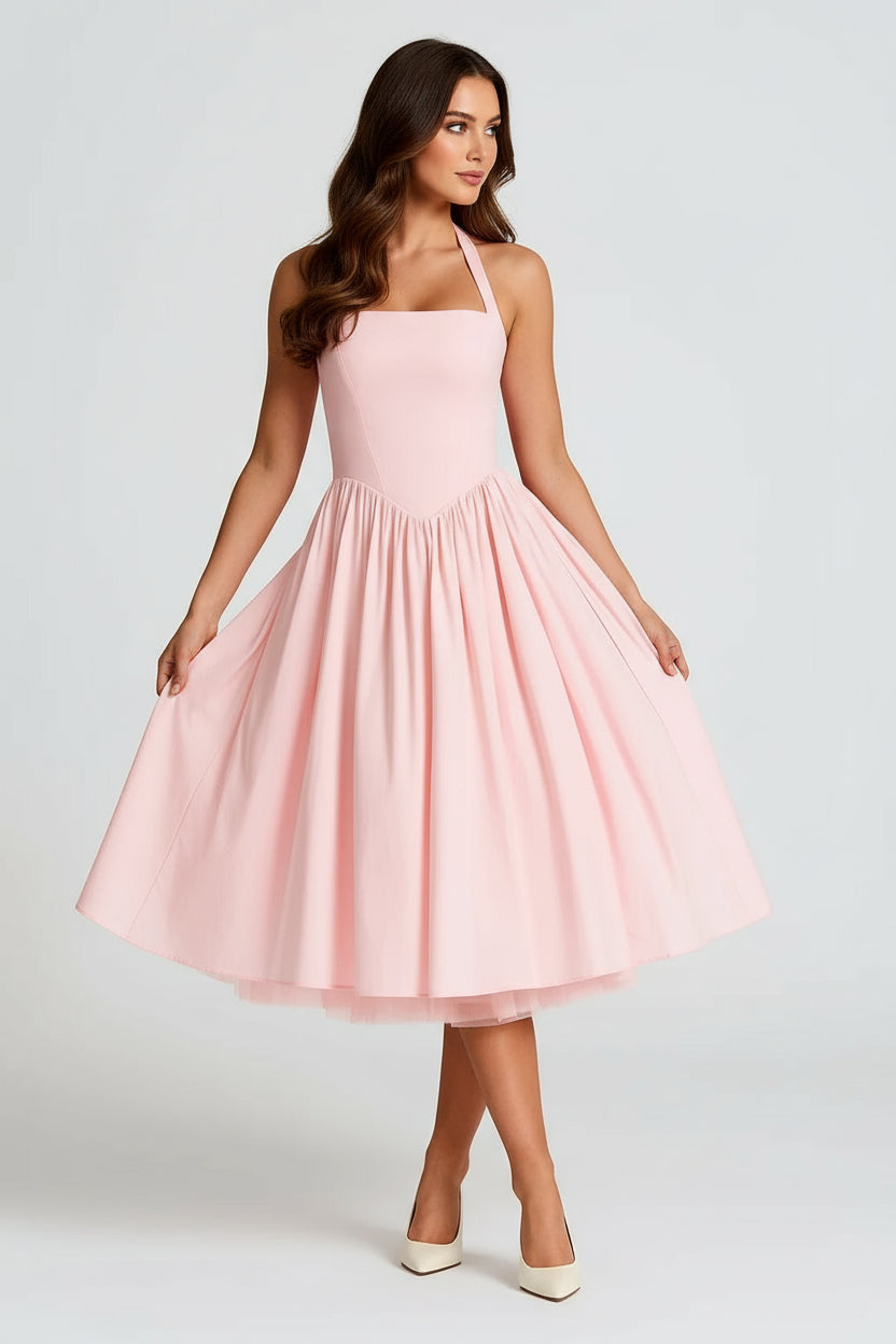 Women’s Vintage Midi Dress – Halter Neck Flared A-Line Design