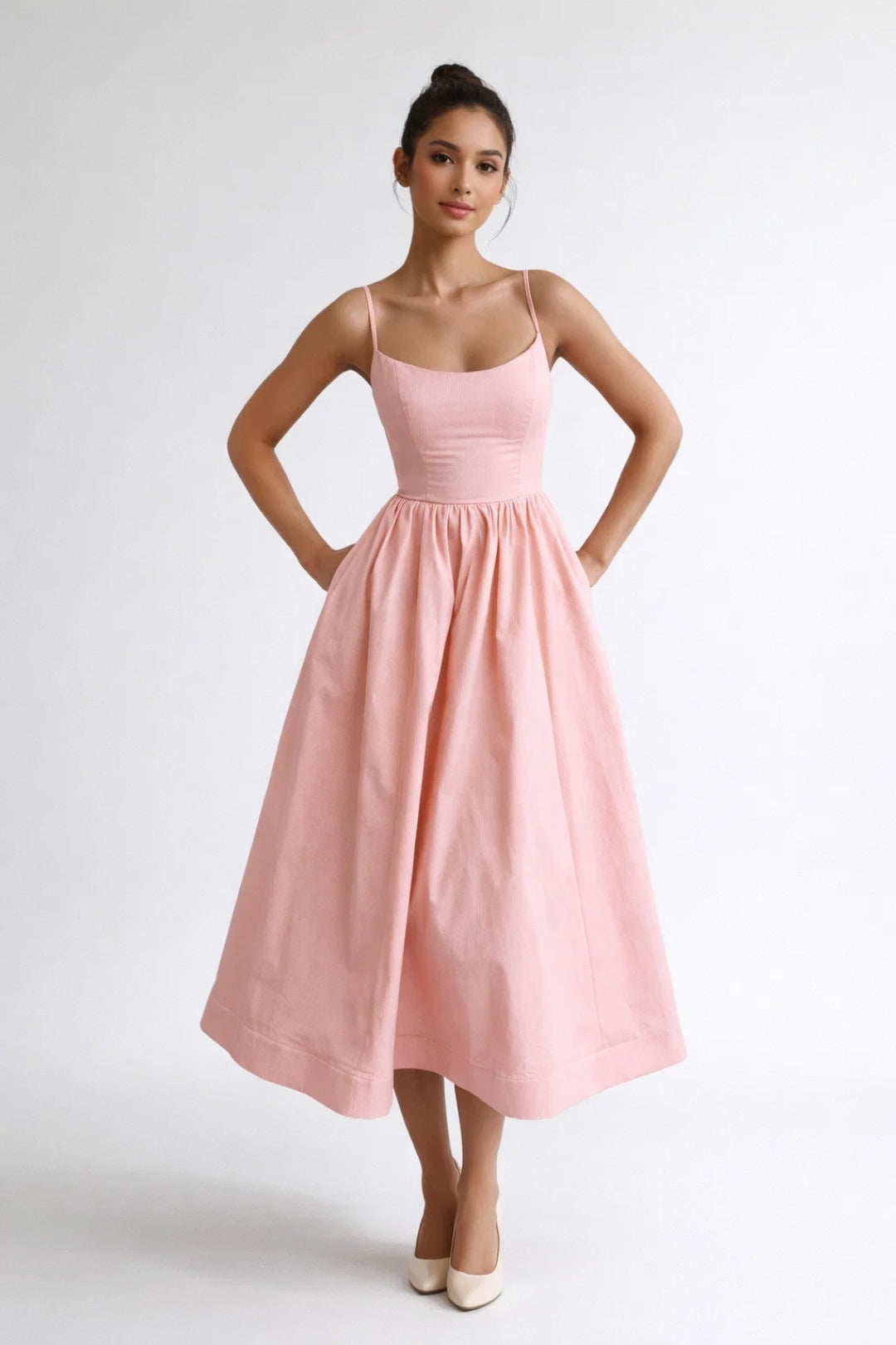 Women's Spaghetti Strap Midi Dress - Fitted Bodice - Full Skirt