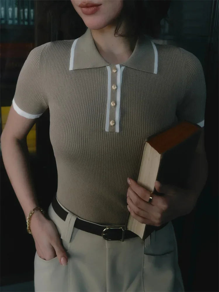 Women’s Ribbed Contrast Trim Polo Shirt – Tailored Slim Fit