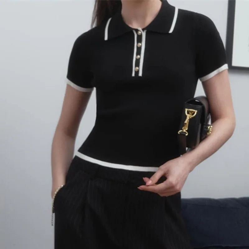 Women’s Ribbed Contrast Trim Polo Shirt – Tailored Slim Fit