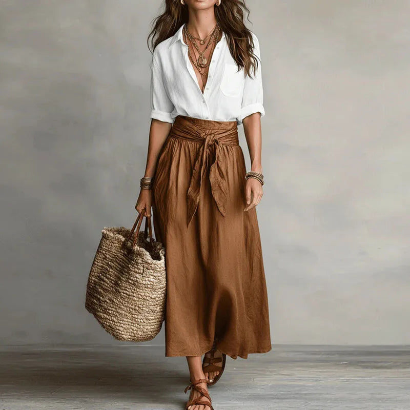 Women's Linen Two-Piece Set Button-Up Wrap Skirt