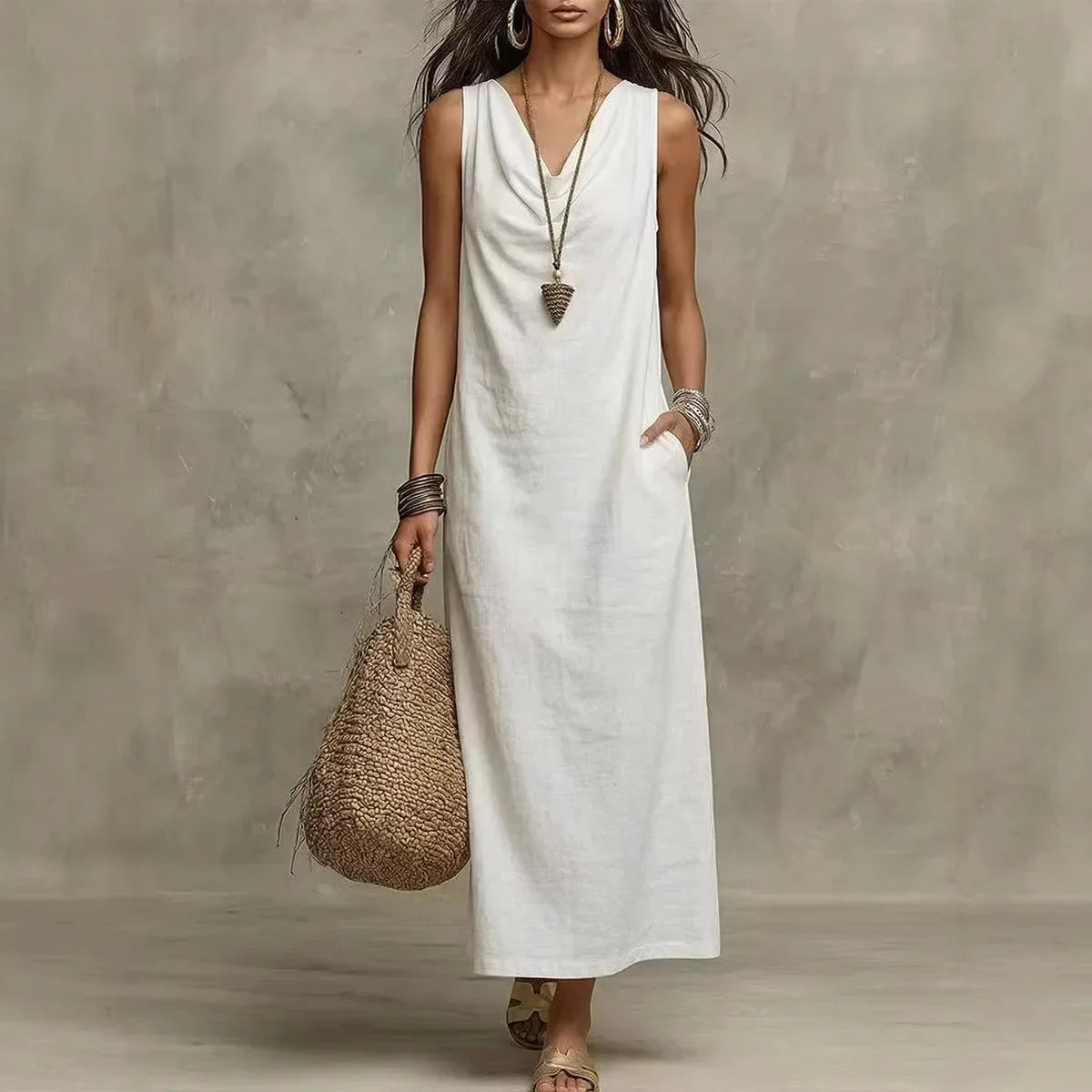 Women's Maxi Dress Linen Sleeveless V-Neck