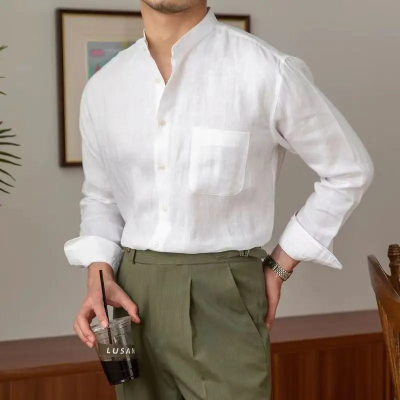 Men's Linen Stand Collar Shirt - Long Sleeve - Button Front