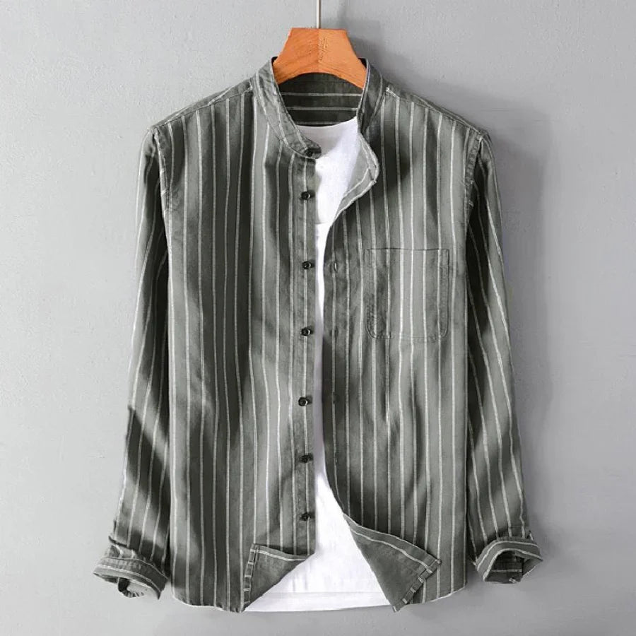 Men's Cotton Pinstripe Mandarin Collar Button-Up Shirt