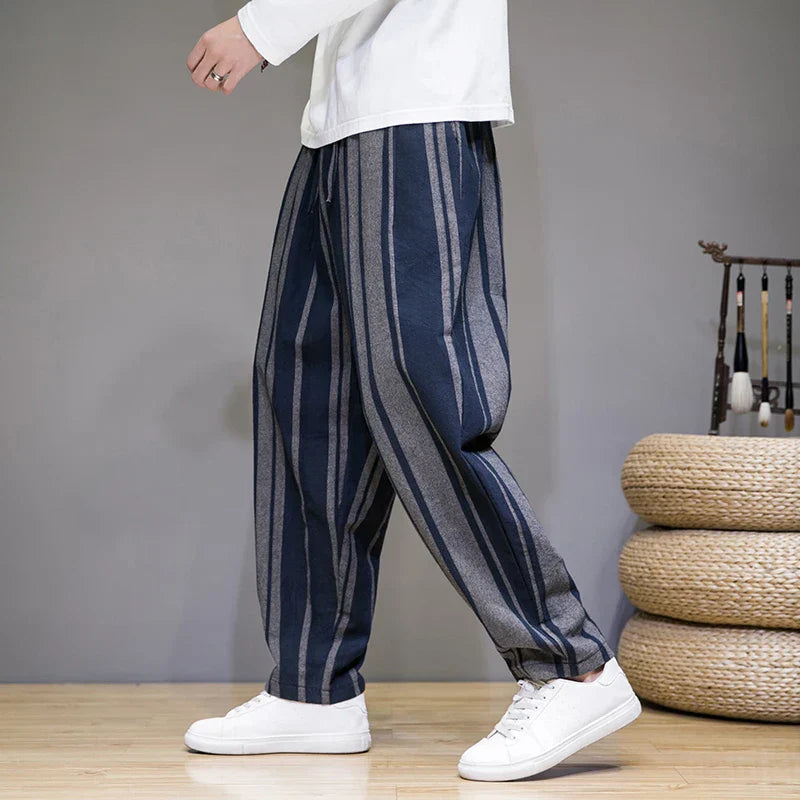 Men's Striped Cropped Trousers - Relaxed Fit Drawstring Pants