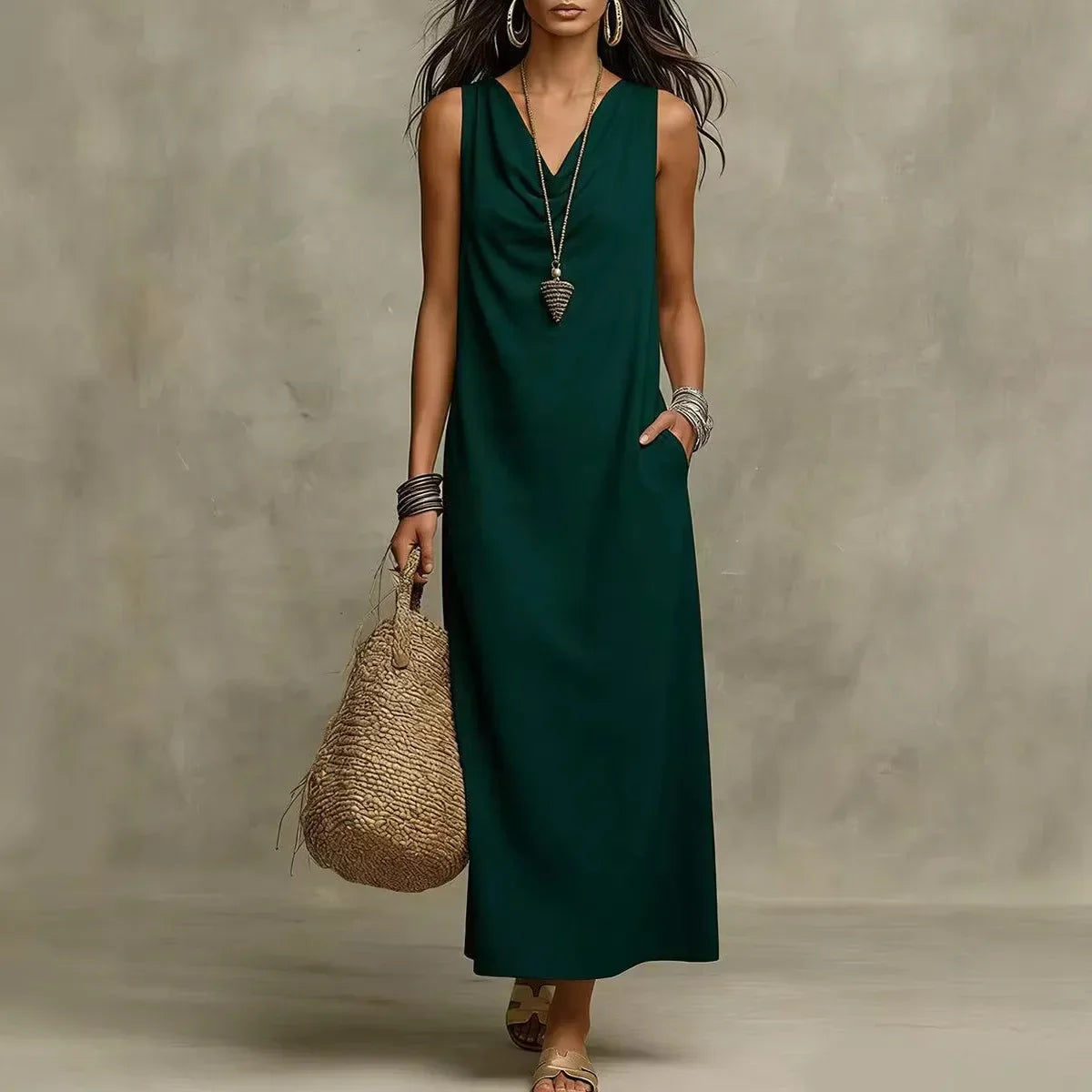 Women's Maxi Dress Linen Sleeveless V-Neck