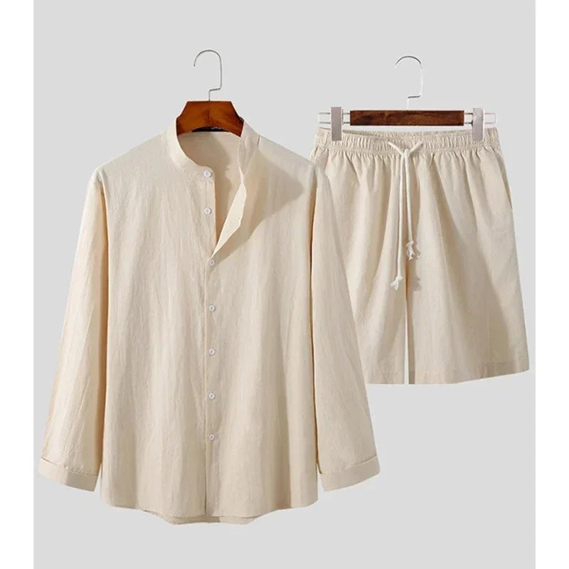 Men's Linen Two Piece Set Long Sleeve Button Front Shirt Shorts