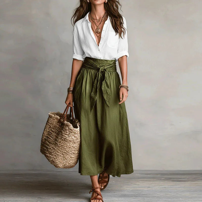 Women's Linen Two-Piece Set Button-Up Wrap Skirt