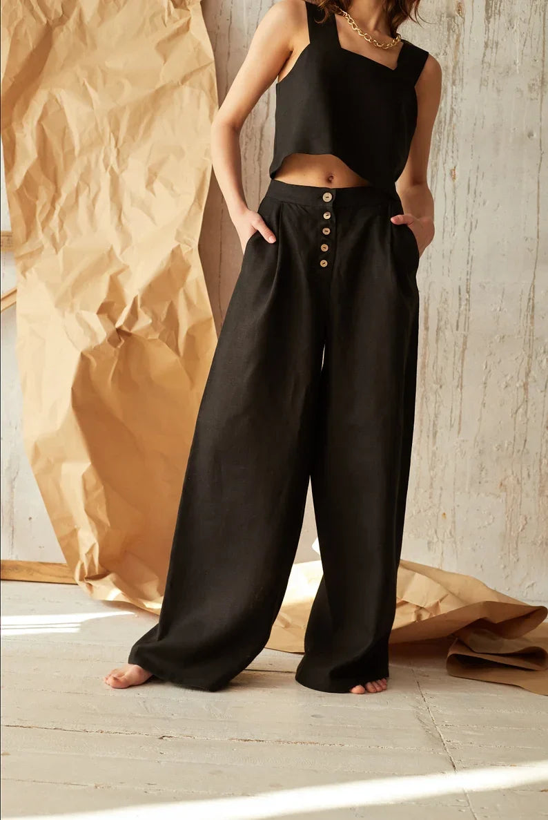 Pantalons larges en mélange de lin à boutons avec poches taille haute pour femmes