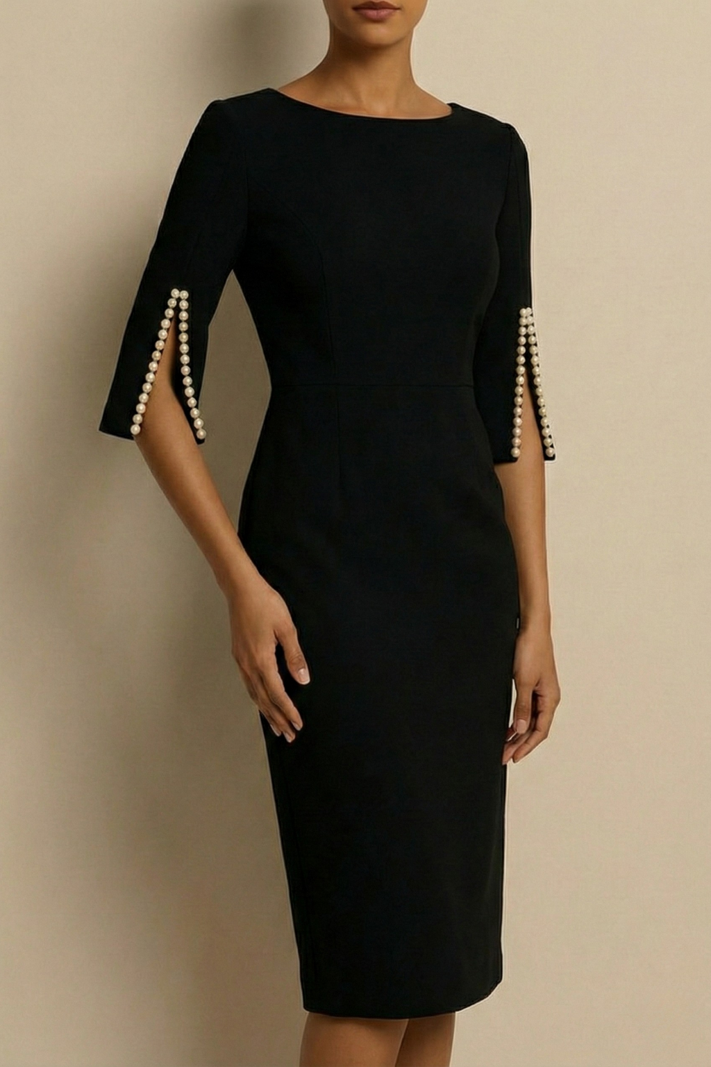 Women’s Midi Dress with Crew Neck and Half Sleeves with Button Detail