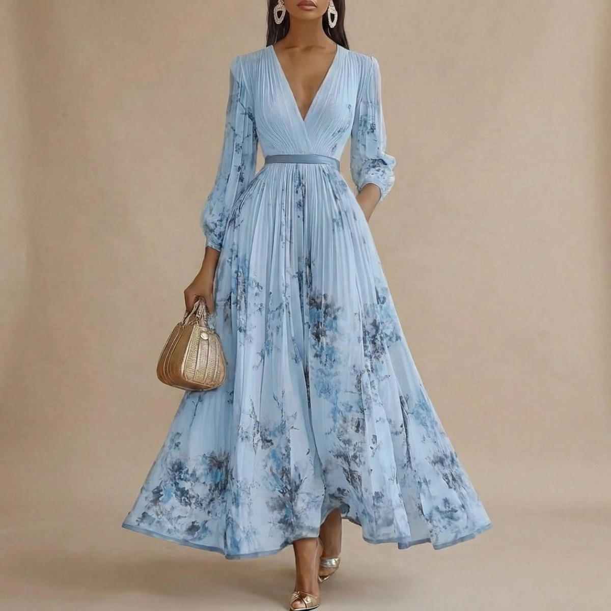 Women’s Pleated Maxi Dress with V-Neck and Long Sleeves