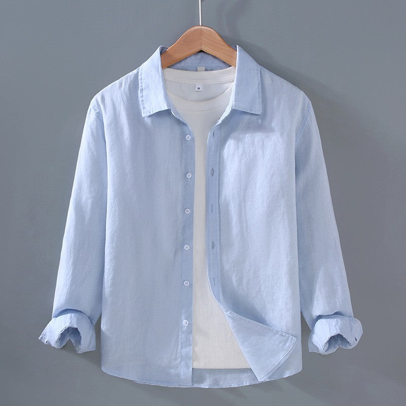 Chemise à boutons à col écarté en lin à manches longues pour hommes