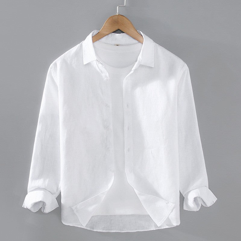 Chemise à boutons à col écarté en lin à manches longues pour hommes