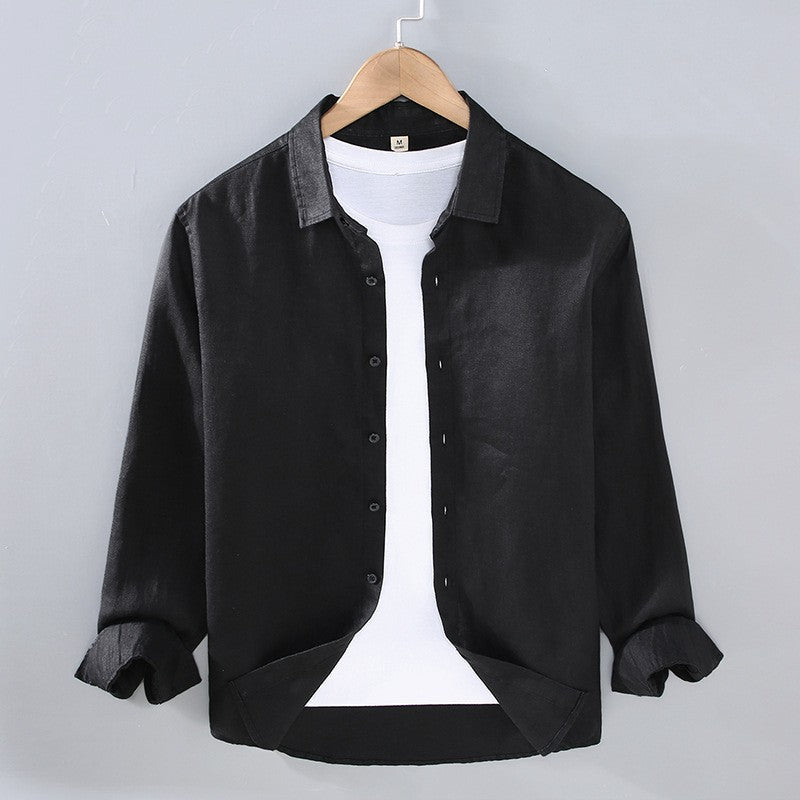 Chemise à boutons à col écarté en lin à manches longues pour hommes