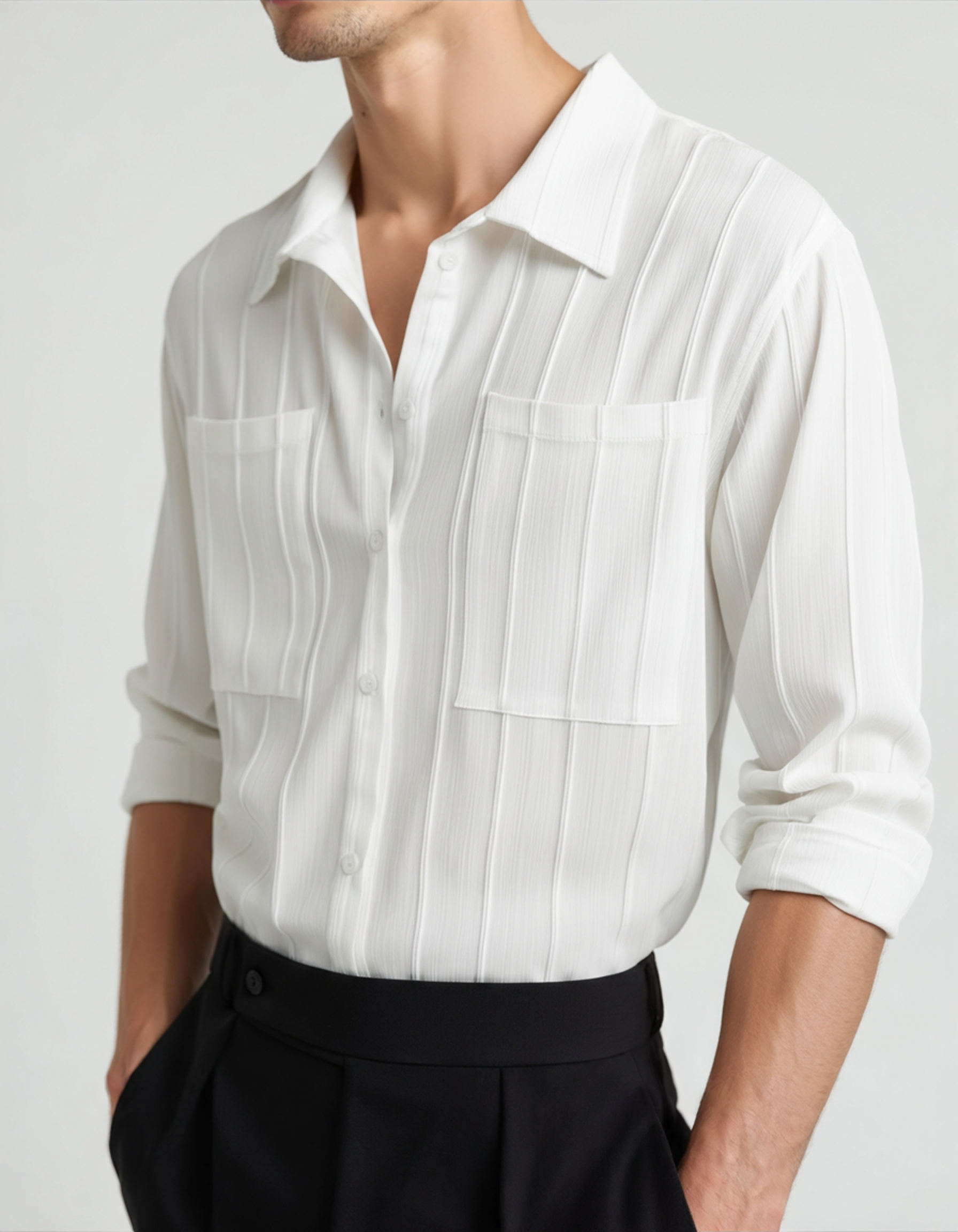 Men’s Ribbed Long Sleeve Button-Up Shirt with Chest Pockets
