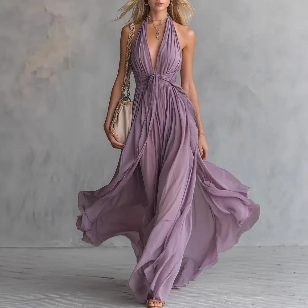 Women's Maxi Dress Halter Deep V-Neck Flowing Waist Tie