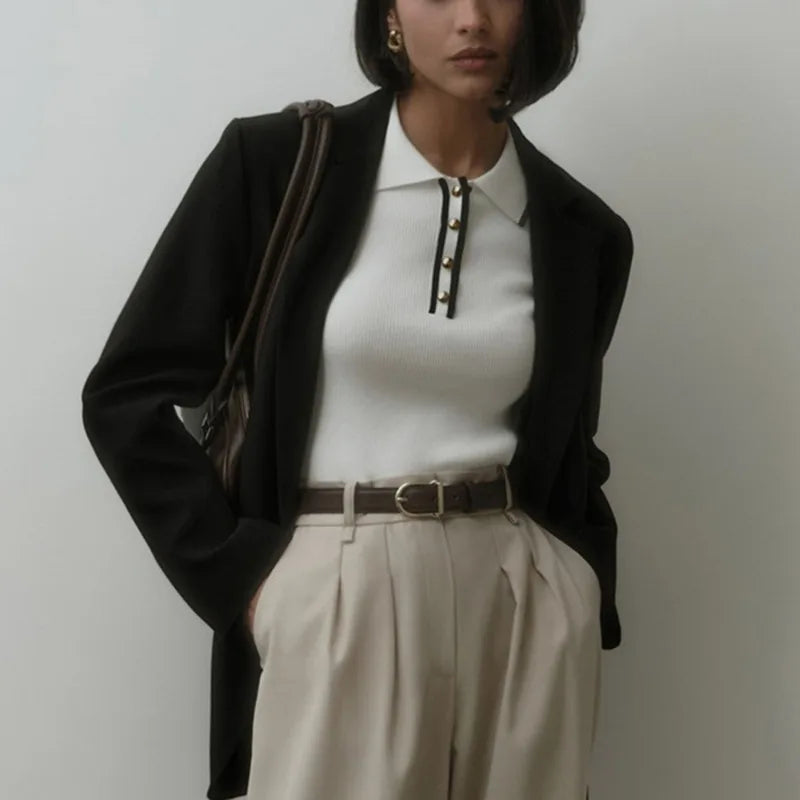 Women’s Ribbed Contrast Trim Polo Shirt – Tailored Slim Fit