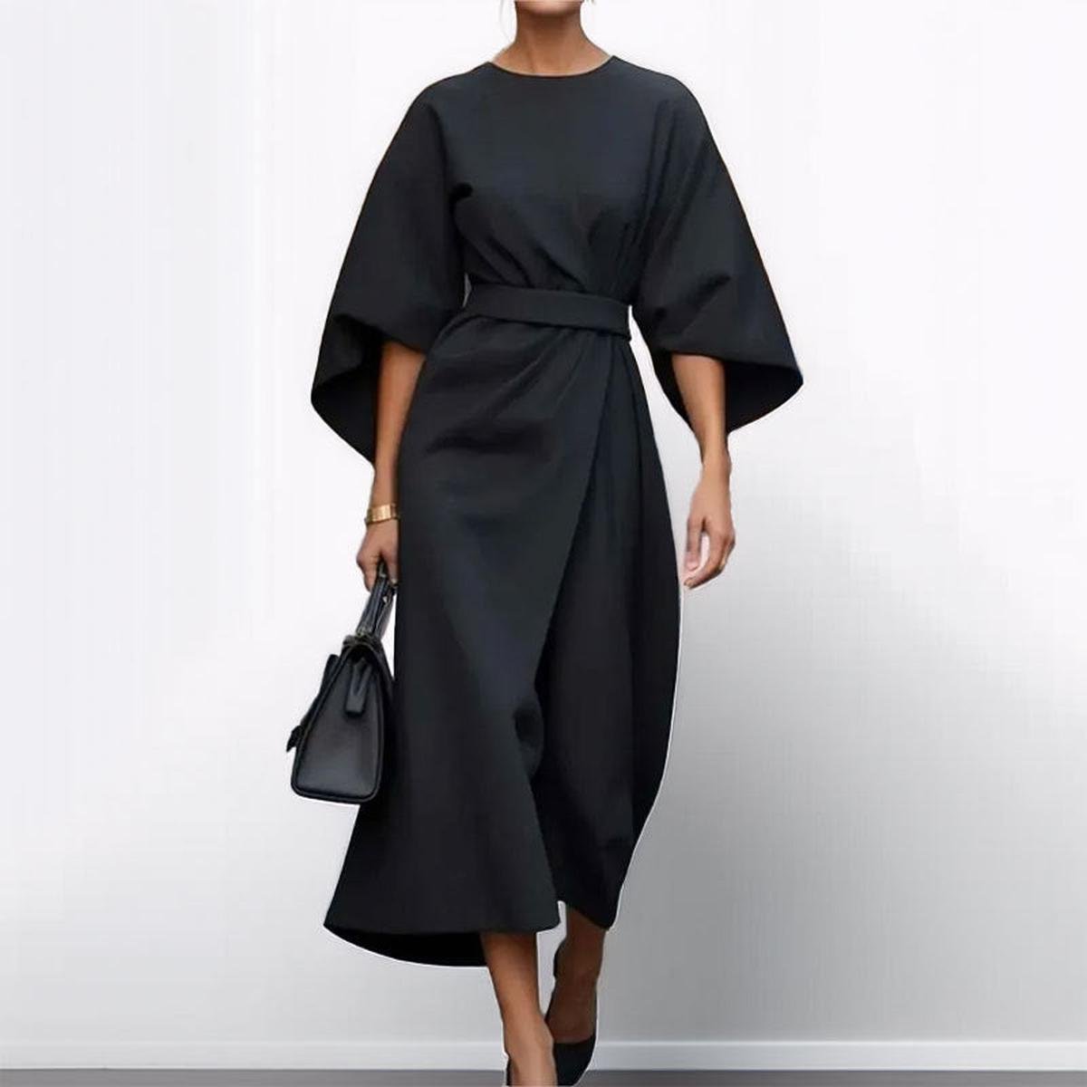 Women’s Batwing Sleeve Maxi Dress with Round Neck and Waist Belt
