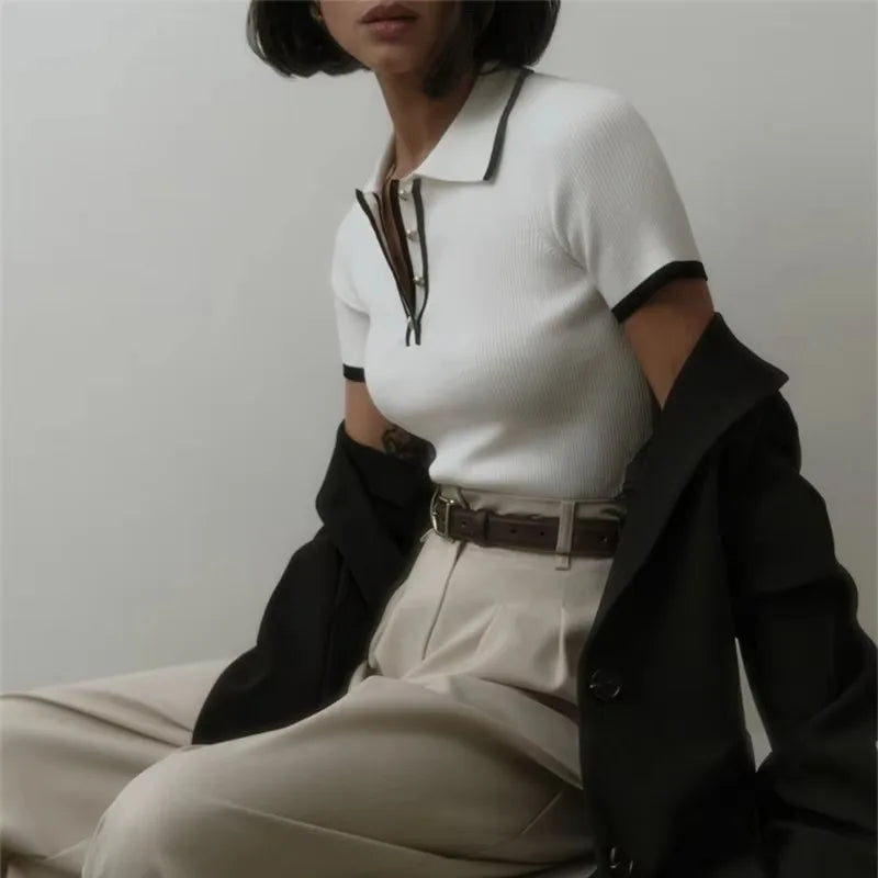 Women’s Ribbed Contrast Trim Polo Shirt – Tailored Slim Fit