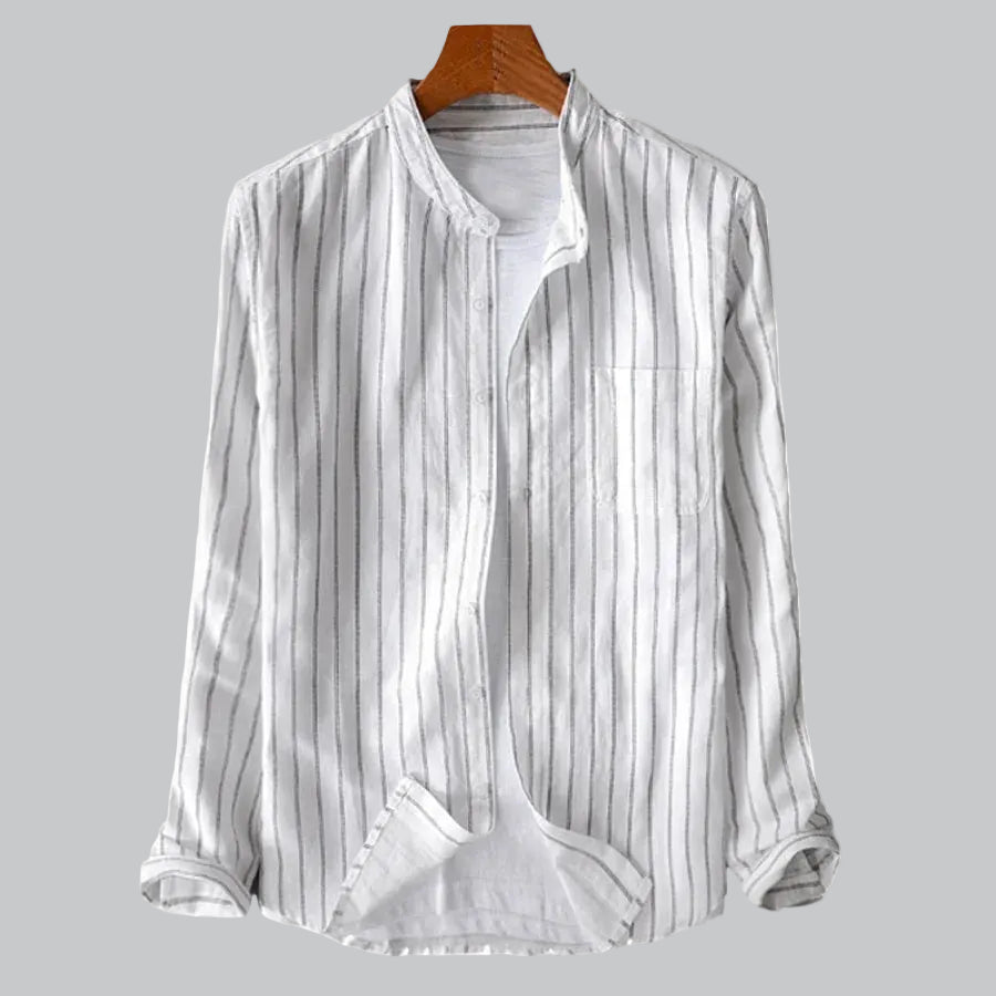 Men's Cotton Pinstripe Mandarin Collar Button-Up Shirt