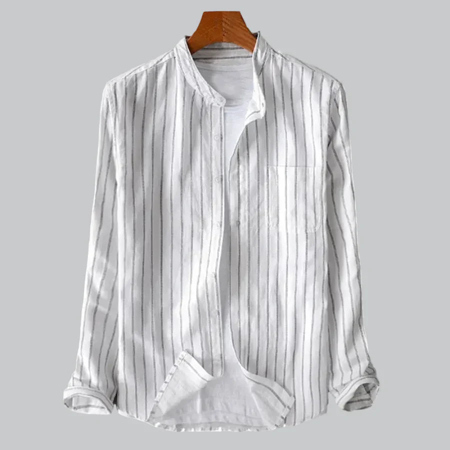 Men's Cotton Pinstripe Mandarin Collar Button-Up Shirt