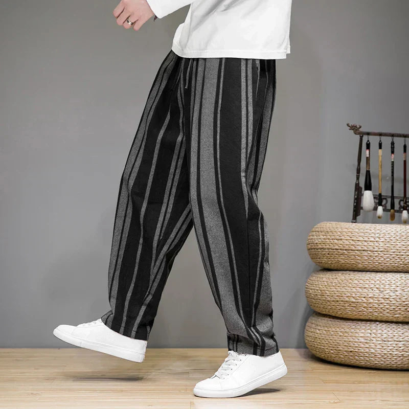 Men's Striped Cropped Trousers - Relaxed Fit Drawstring Pants