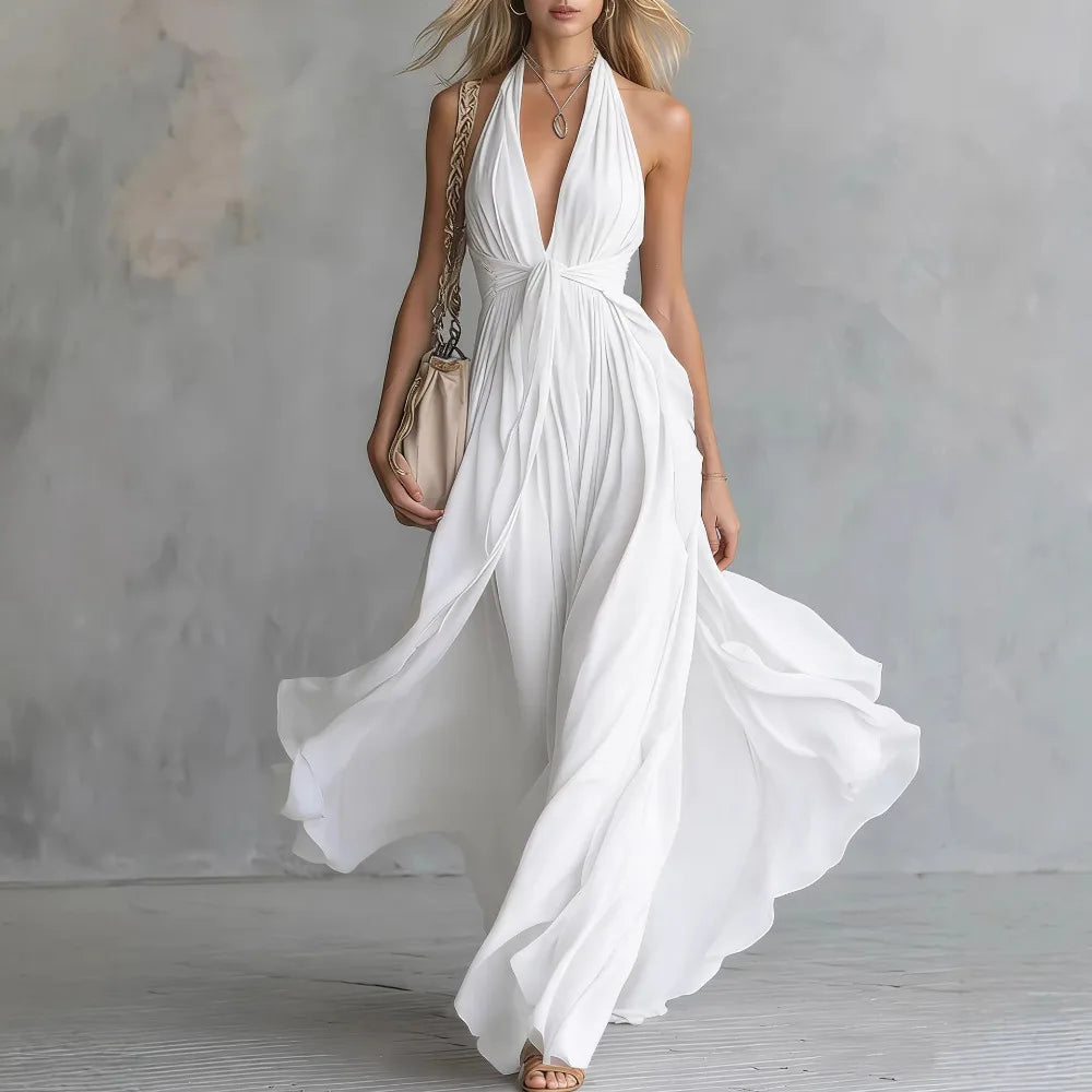 Women's Maxi Dress Halter Deep V-Neck Flowing Waist Tie