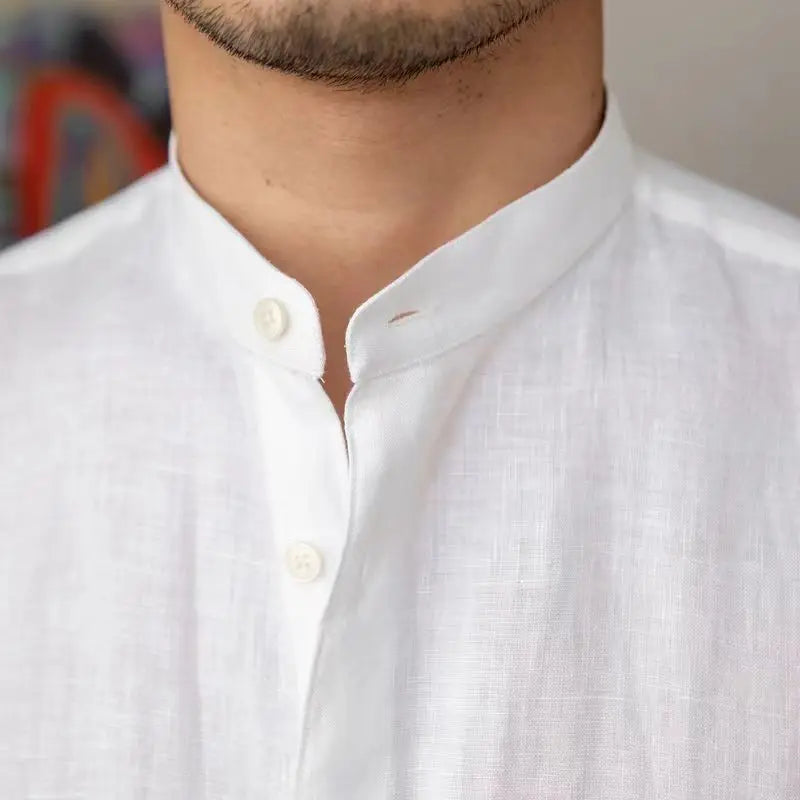 Men's Linen Stand Collar Shirt - Long Sleeve - Button Front