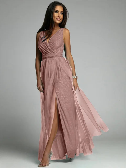 Women’s Maxi Evening Dress with V-Neck and Front Split